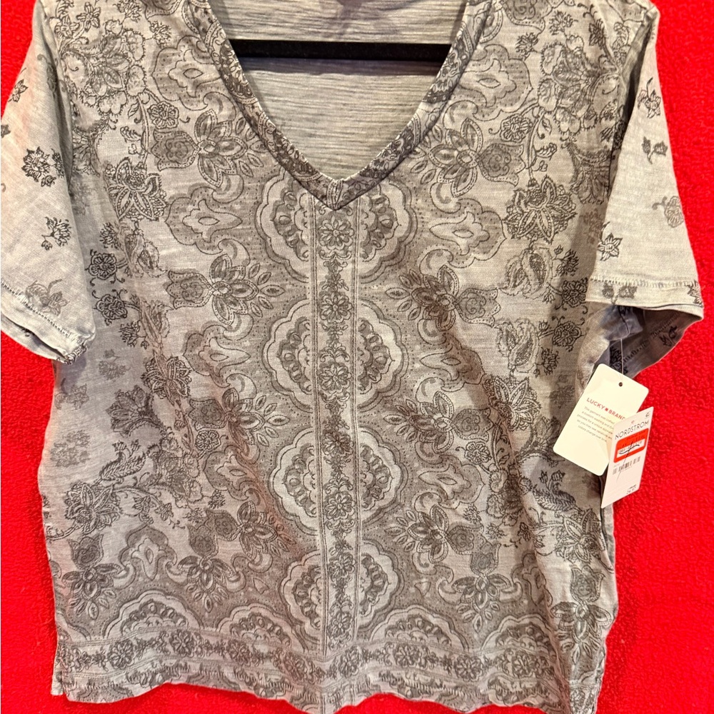 Lucky Brand Gray Floral V-Neck Tee